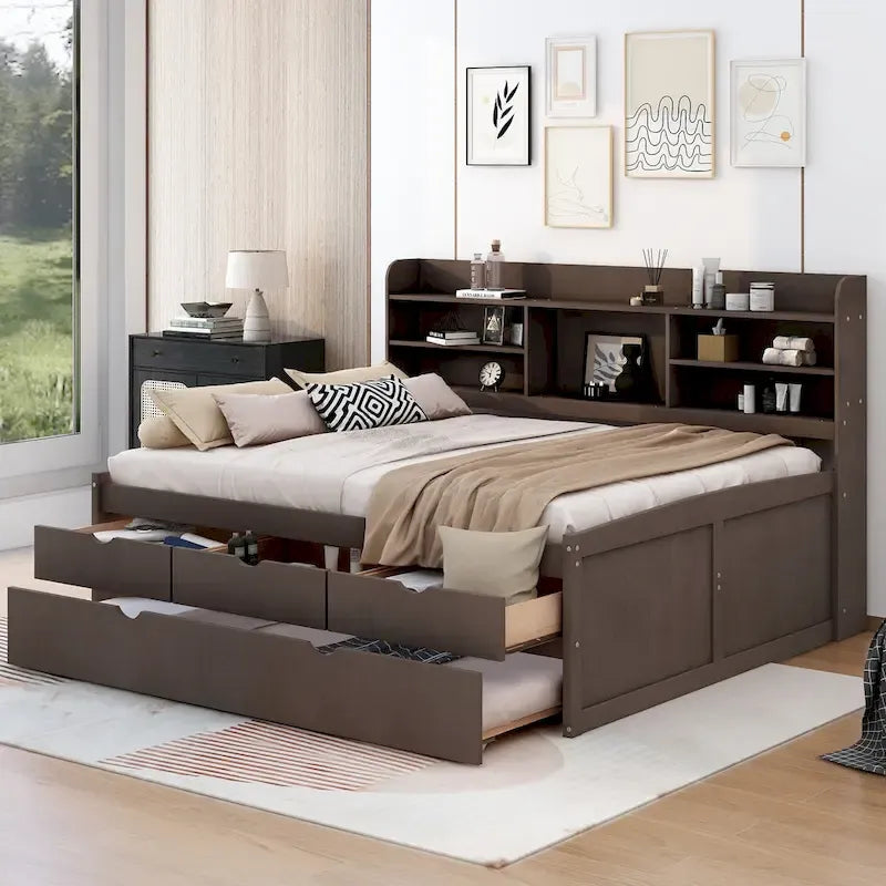 Full Pine Captain Bed with Shelves, Drawers & Trundle