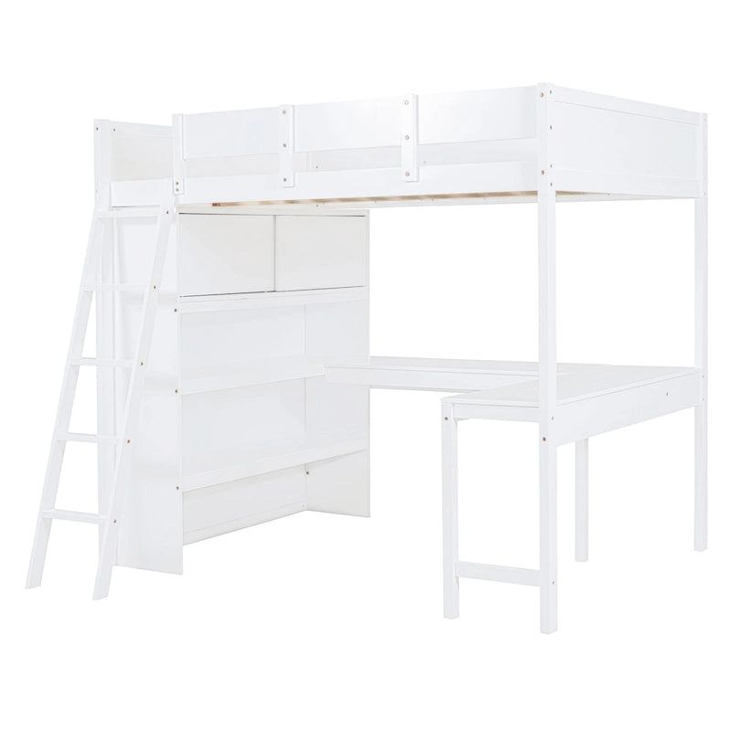 Full Size Solid Wood Loft Bed with Desk and Shelf for Kids