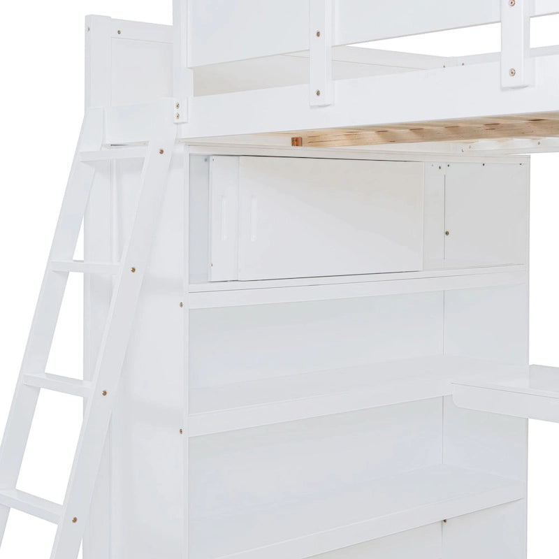 Full Size Solid Wood Loft Bed with Desk and Shelf for Kids