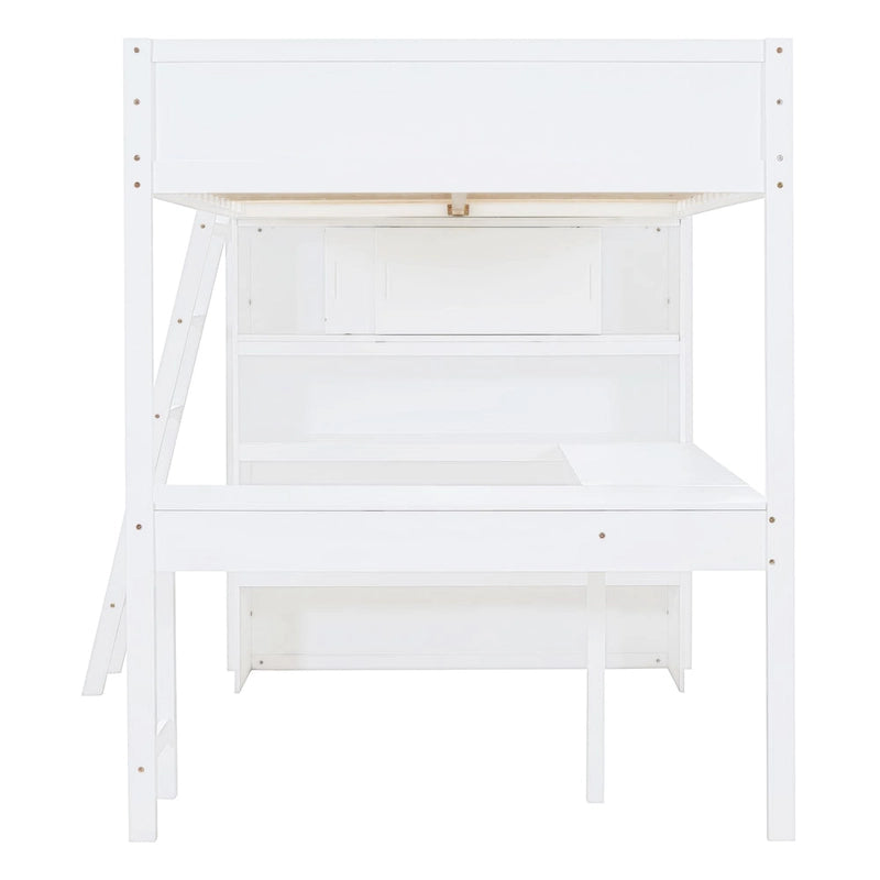 Full Size Solid Wood Loft Bed with Desk and Shelf for Kids