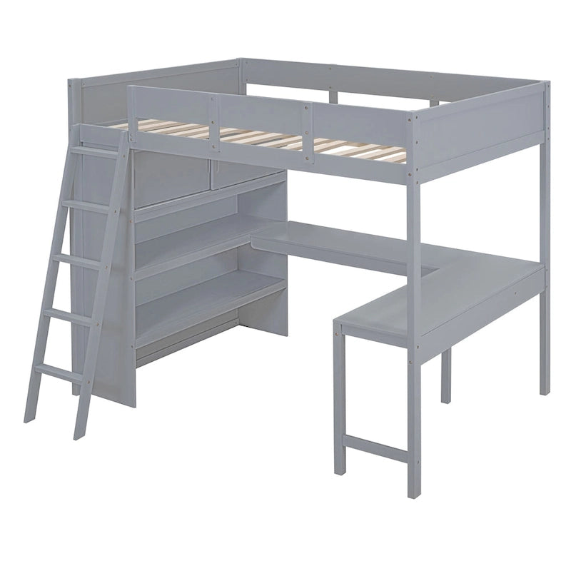 Full Size Solid Wood Loft Bed with Desk and Shelf for Kids