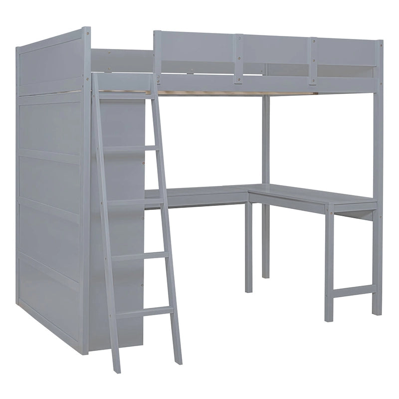 Full Size Solid Wood Loft Bed with Desk and Shelf for Kids