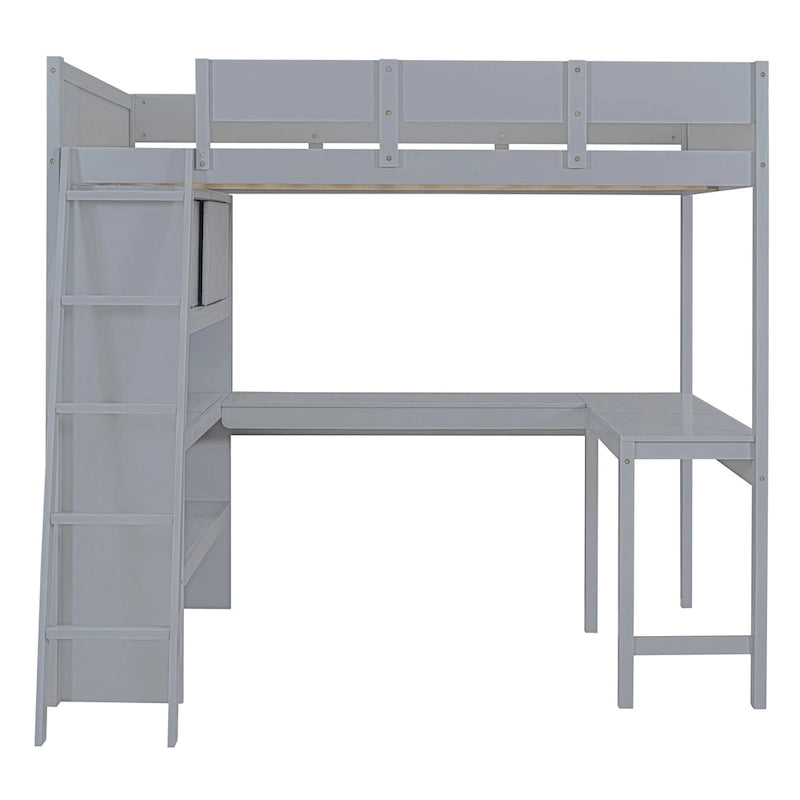 Full Size Solid Wood Loft Bed with Desk and Shelf for Kids