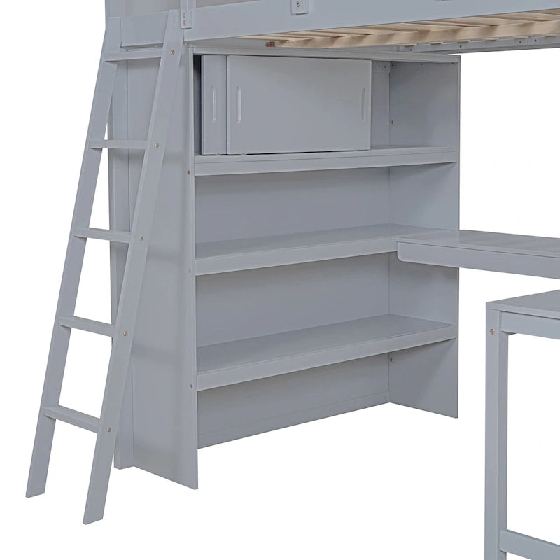 Full Size Solid Wood Loft Bed with Desk and Shelf for Kids