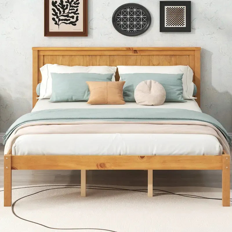 Oak Platform Bed Frame with Headboard, Wood Slat Support
