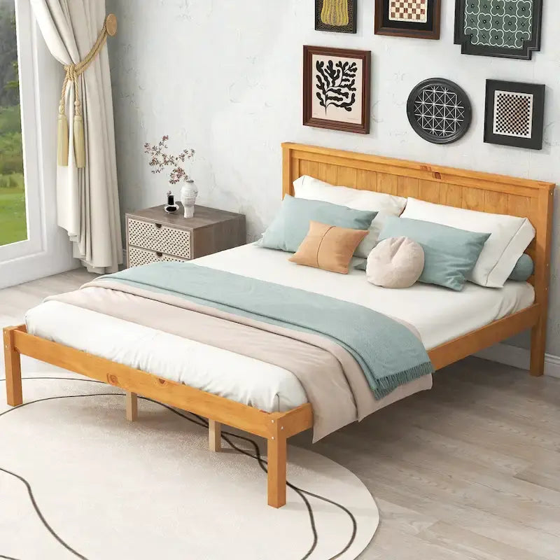 Oak Platform Bed Frame with Headboard, Wood Slat Support