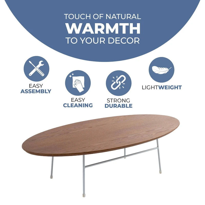 Rossmore Modern Oval Accent Coffee Table with White Powder Coated Steel Frame for Home Office Living Room Bedroom