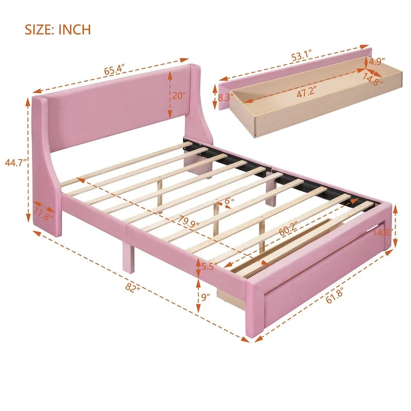 Storage Bed Velvet Upholstered Platform Bed with a Big Drawer