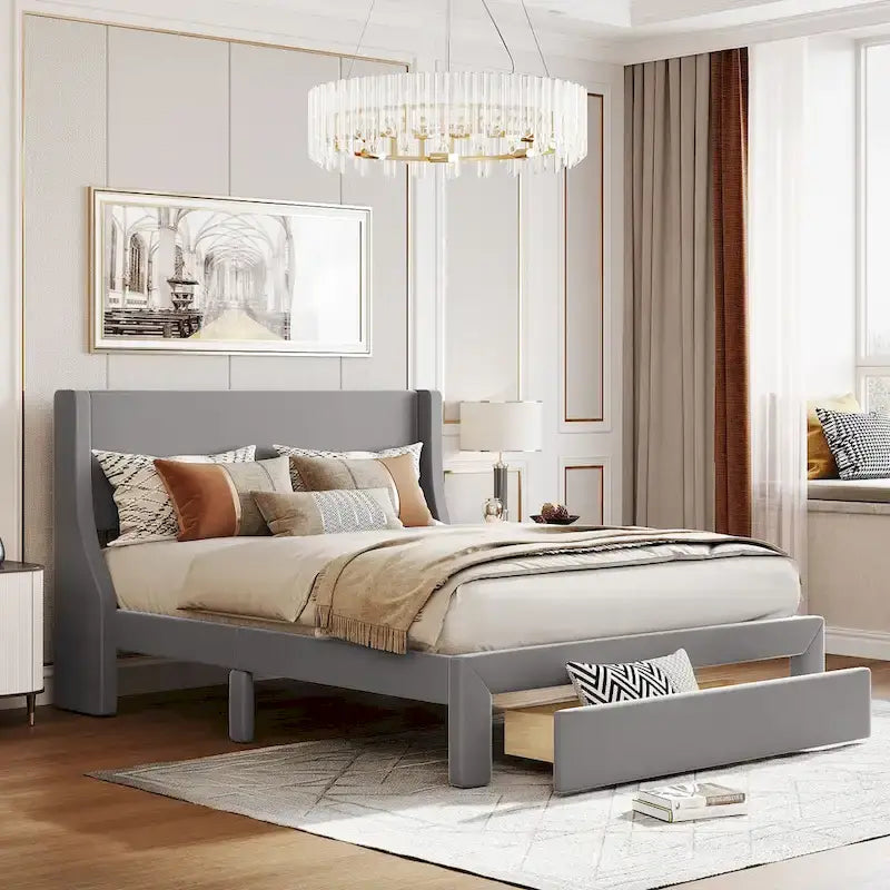 Storage Bed Velvet Upholstered Platform Bed with a Big Drawer