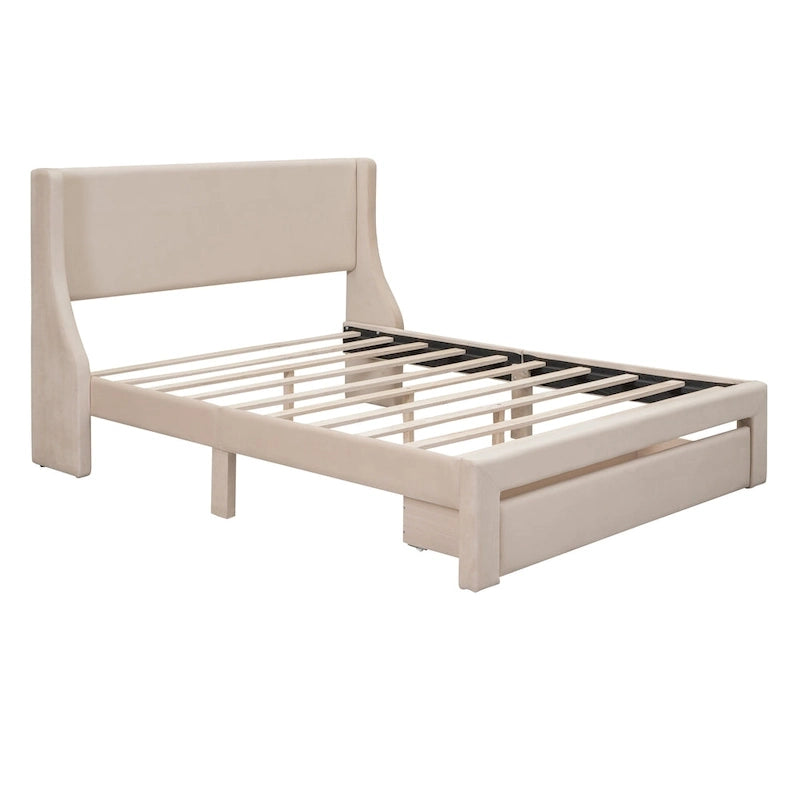 Storage Bed Velvet Upholstered Platform Bed with a Big Drawer