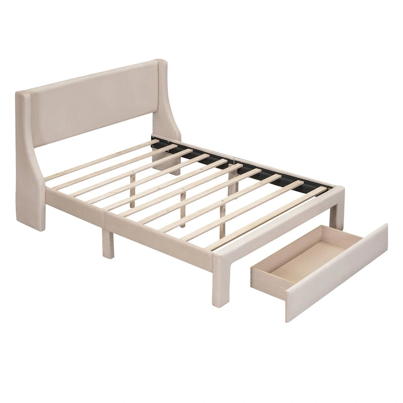 Storage Bed Velvet Upholstered Platform Bed with a Big Drawer