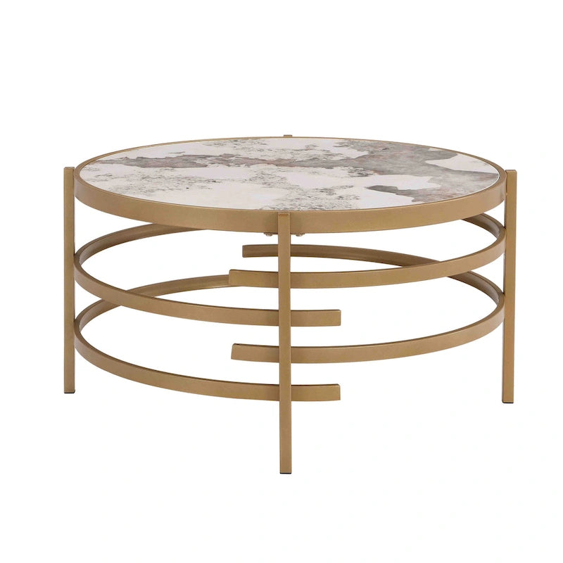 32.48 Modern Round Coffee Table with Sintered Stone Top & Sturdy Metal Frame