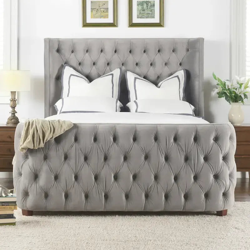 Chateau Velvet Upholstered Tufted Sheltered Panel Bed Set