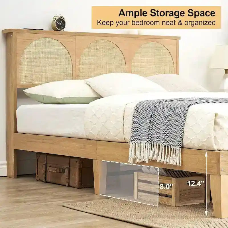Bed Frame with Natural Rattan Headboard