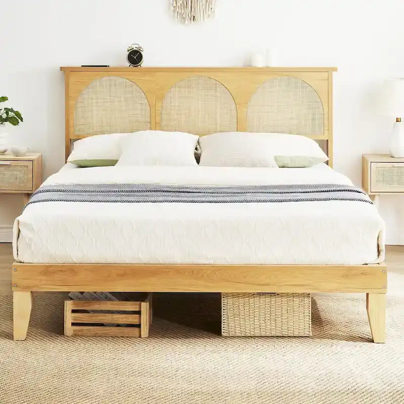 Bed Frame with Natural Rattan Headboard