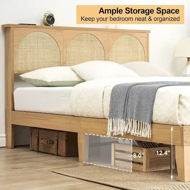 Bed Frame with Natural Rattan Headboard
