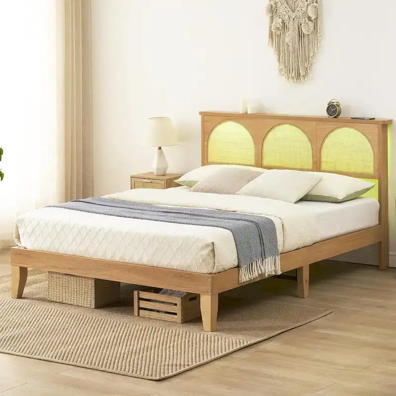 Bed Frame with Natural Rattan Headboard