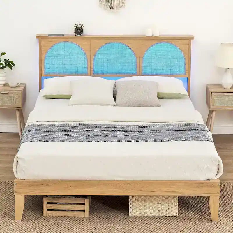 Bed Frame with Natural Rattan Headboard