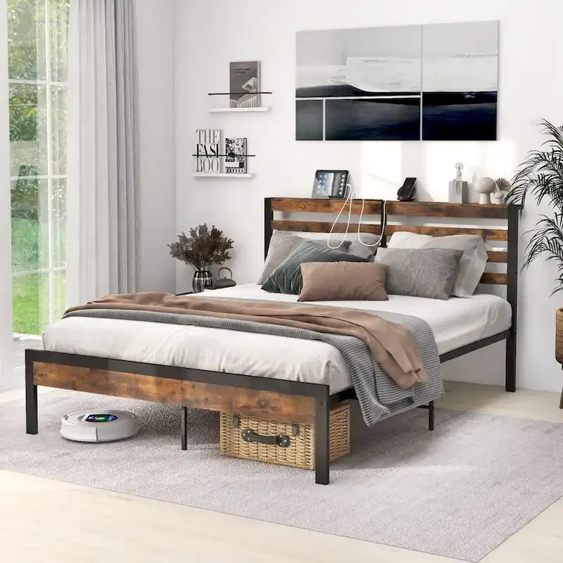 Industrial Metal Bed Frame Charging Station Mattress Foundation