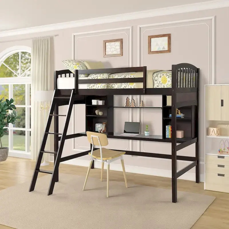 Twin size Loft Bed with Storage Shelves, Desk and Ladder