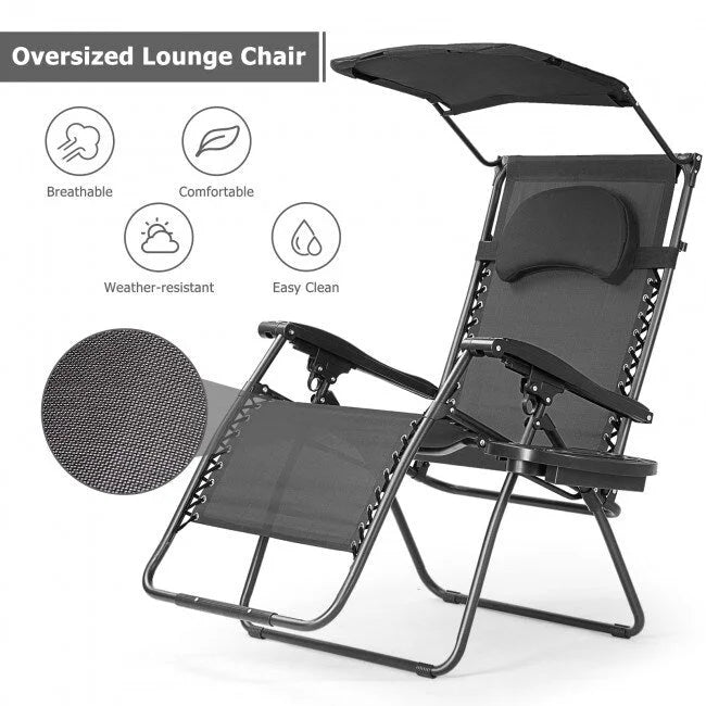 Folding Recliner Lounge Chair w/ Shade Canopy Cup Holder - Gray