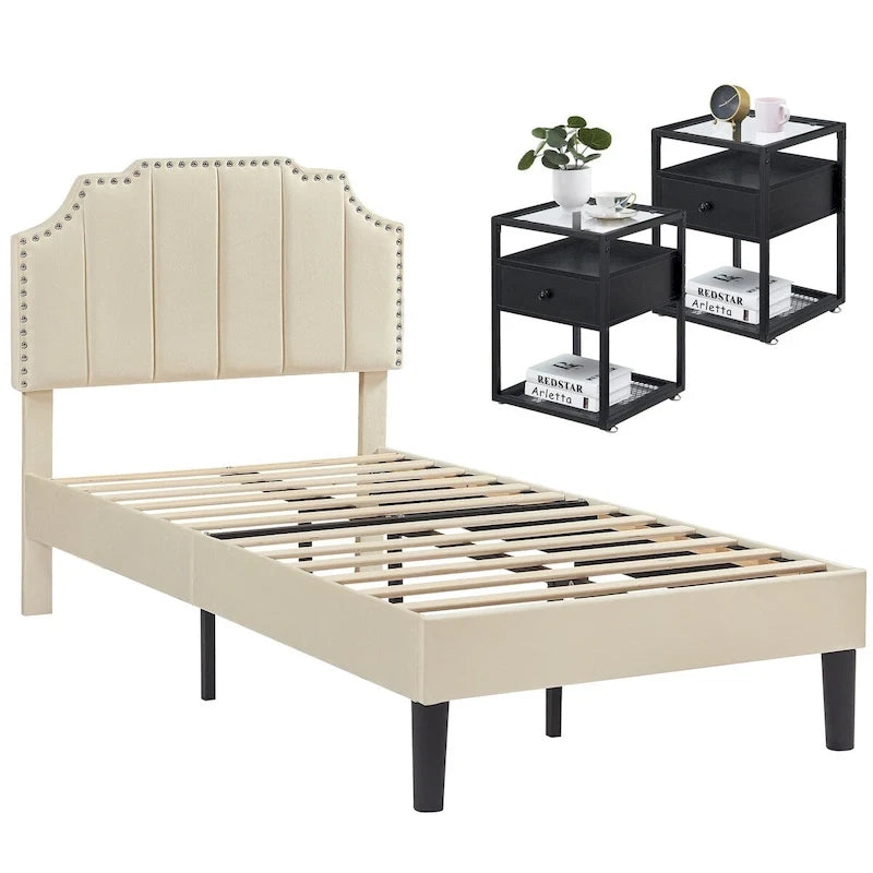 Bedroom Sets, 15 Style Options, 3-pieces Bedroom Set with Height Adjustable Upholstered Bed and Nightstands Set of 2-VECELO