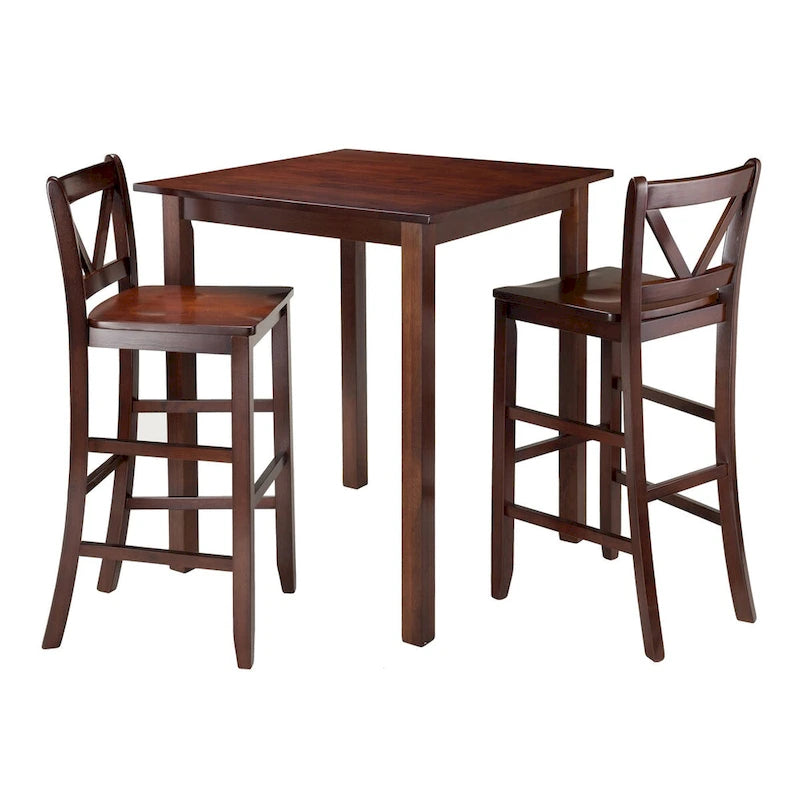 3-Pc High Table with V-Back Bar Stools, Walnut