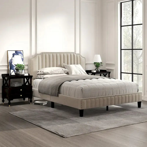 3 Pieces Bedroom Set Modern Linen Curved Upholstered Beige Platform King Bed with Two Black Cherry Nightstands