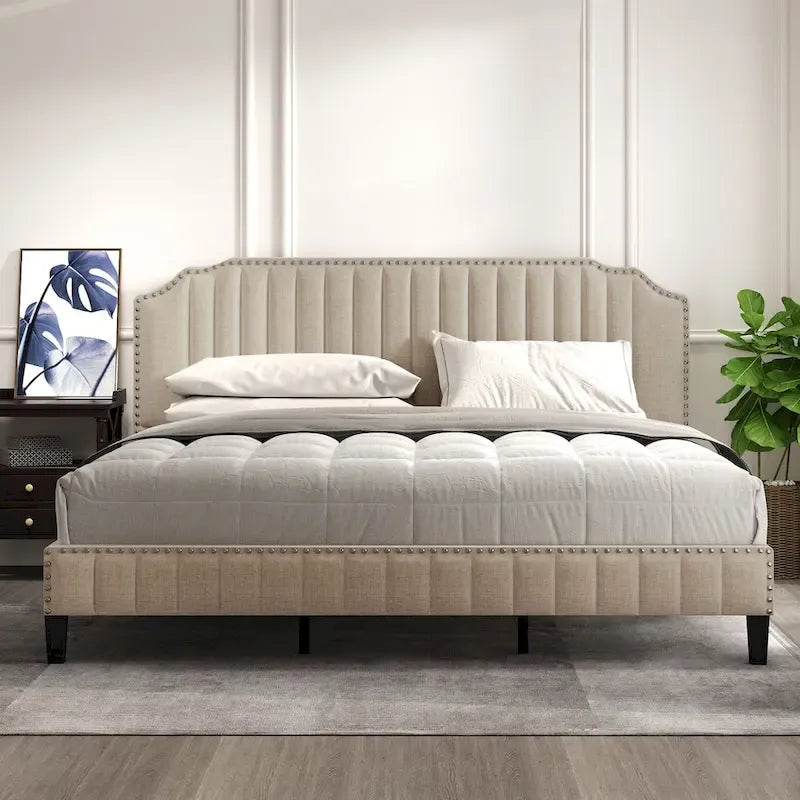 3 Pieces Bedroom Set Modern Linen Curved Upholstered Beige Platform King Bed with Two Black Cherry Nightstands