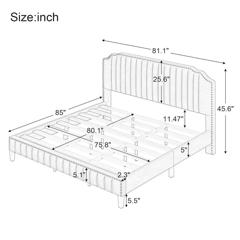 3 Pieces Bedroom Set Modern Linen Curved Upholstered Beige Platform King Bed with Two Black Cherry Nightstands
