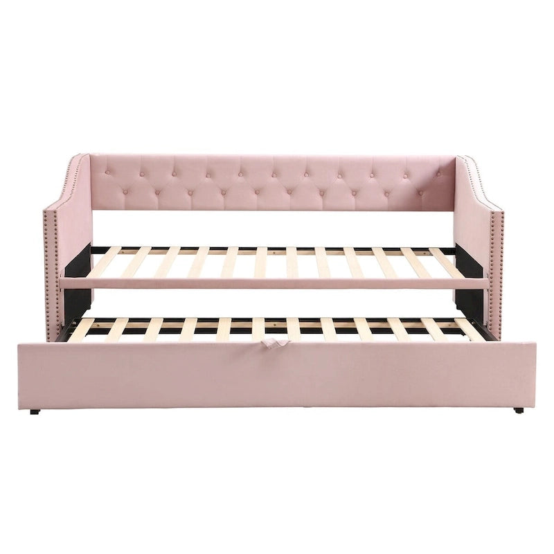Twin Size Upholstered daybed with Pop Up Trundle, Pink