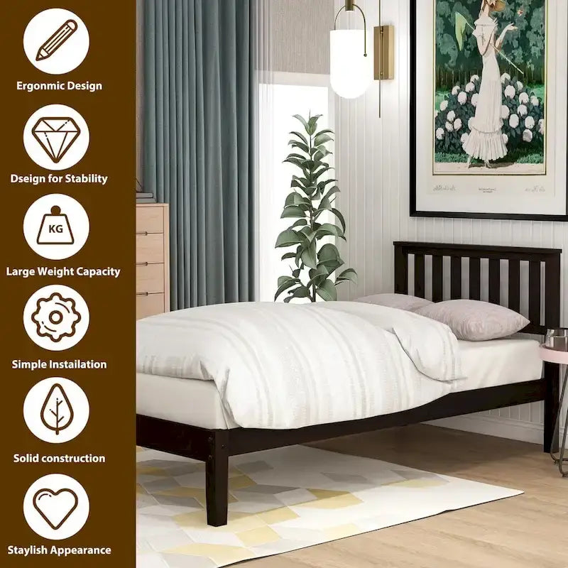 Wood Platform Bed with Headboard/ Slat