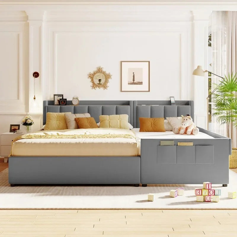 Queen Size & Twin XL Size Upholstered Platform Bed Mother & Child Bed Frame with Hydraulic Storage System