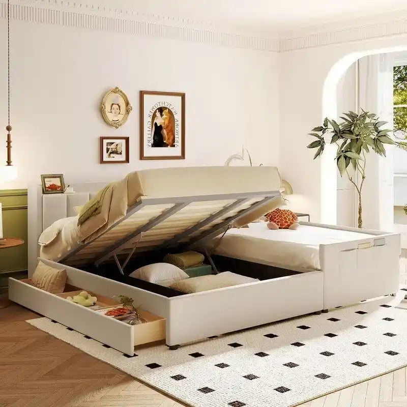 Queen Size & Twin XL Size Upholstered Platform Bed Mother & Child Bed Frame with Hydraulic Storage System
