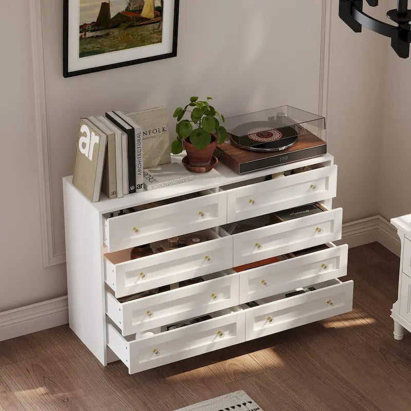 White Dresser & Vanity Combo Spacious Storage with Chic Crystal Knobs