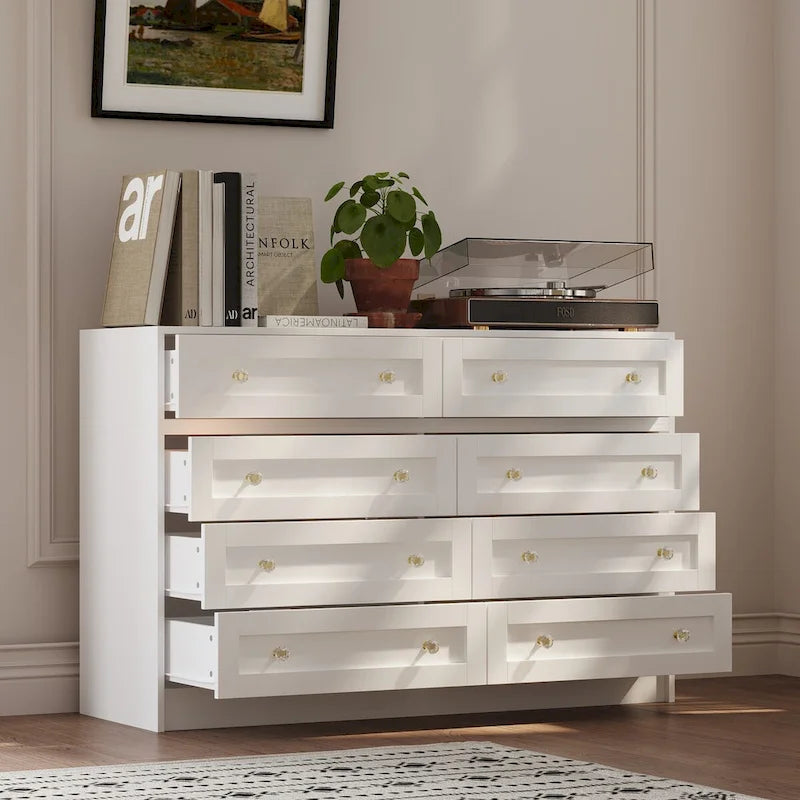 White Dresser & Vanity Combo Spacious Storage with Chic Crystal Knobs