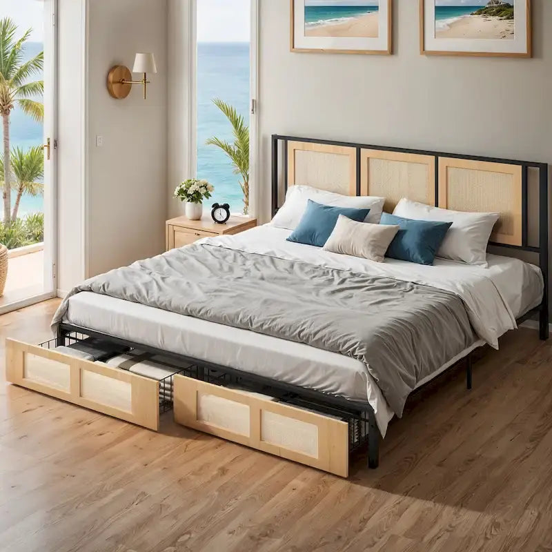 Moasis Rattan Headboard Storage Bed with 2 Drawer
