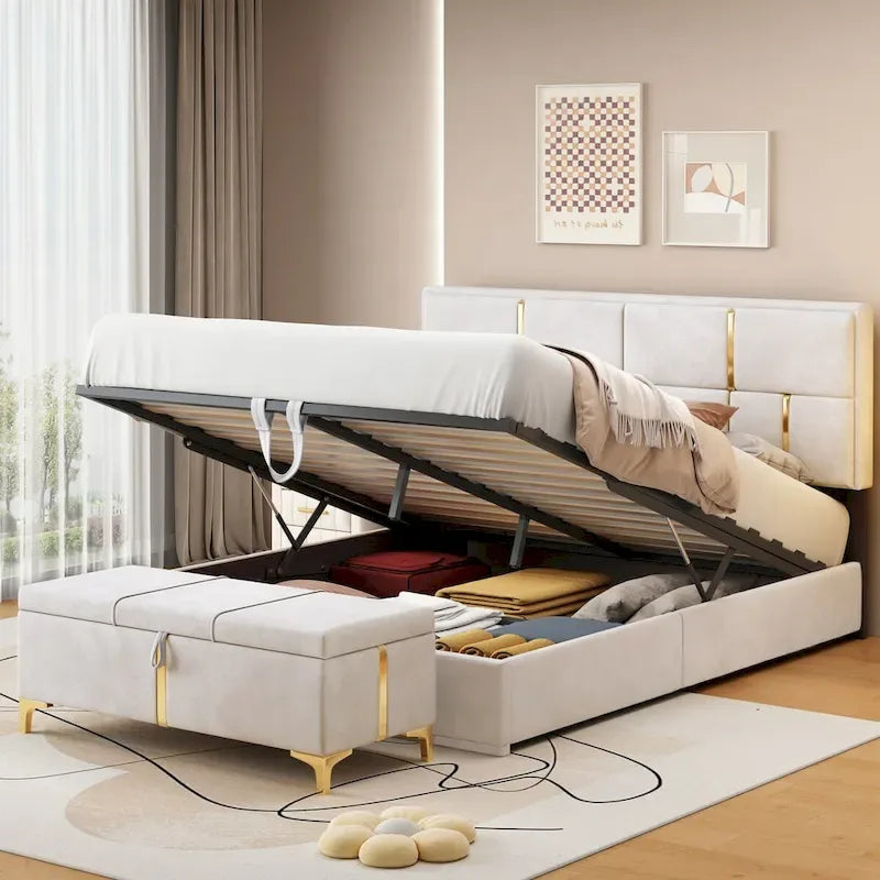 Queen Size Upholstered Platform Bed with Storage Ottoman 2-Pieces Bedroom Sets