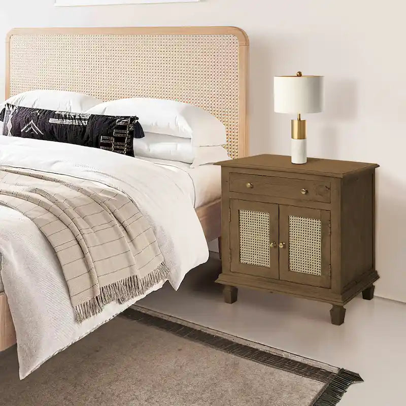 30 Inch Nightstand Table, Rattan Cabinet Doors and Drawer Fronts, Sandblasted Brown Mango Wood