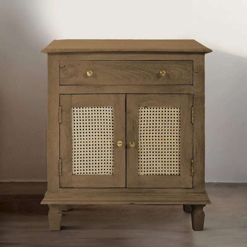 30 Inch Nightstand Table, Rattan Cabinet Doors and Drawer Fronts, Sandblasted Brown Mango Wood