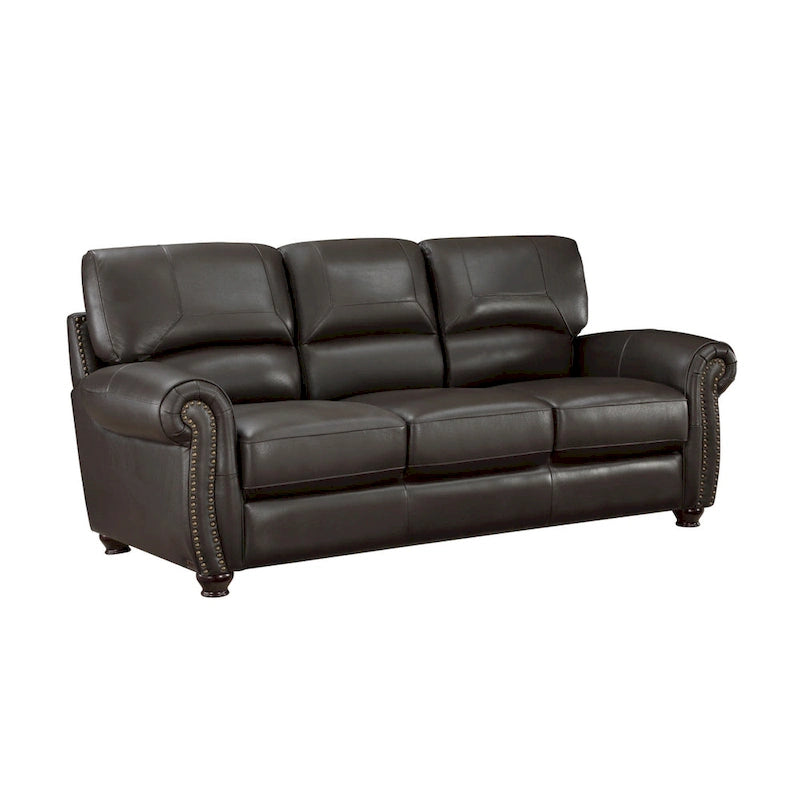 Kia 84 Inch Sofa, Dark Brown Top Grain and Faux Leather, Solid Wood