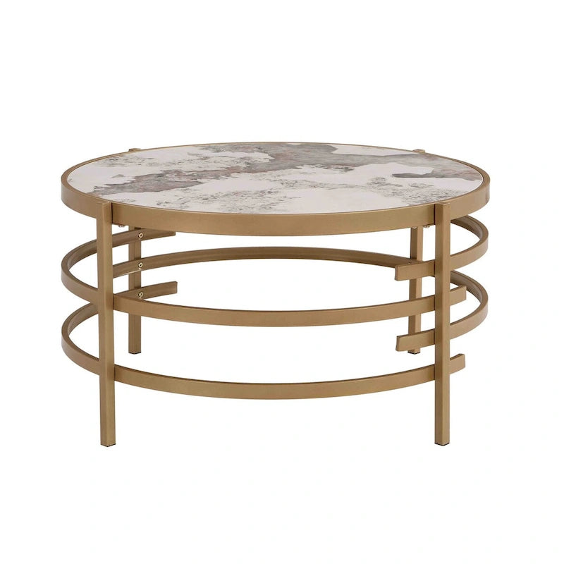 32.48 Round Coffee Table With Sintered Stone Top & Sturdy Metal Frame, Modern Coffee Table for Living Room