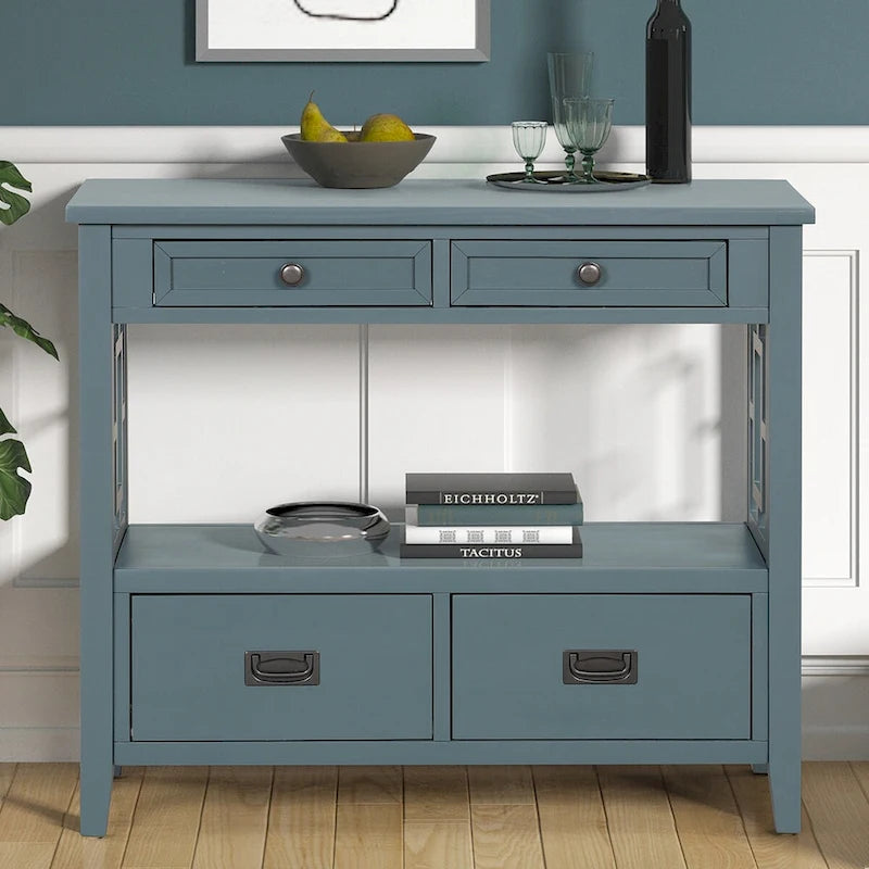 Wood Console Table Entry Sofa Table with 4 Drawers & 1 Storage Shelf for Entryway Living Room Bedroom