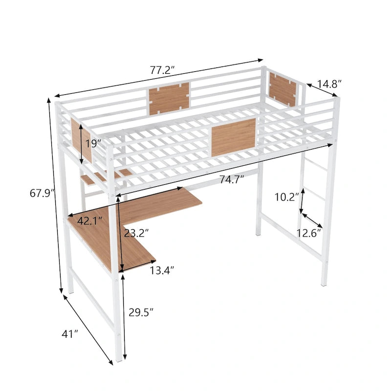 Twin Metal Loft Bed with Desk and Shelve