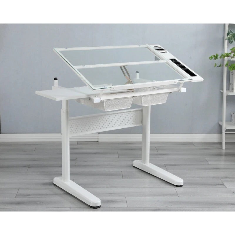 Hand Crank Adjustable Drafting Drawing Table with Stool and 2 Drawers