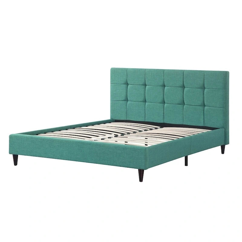 Modern Upholstered Square Stitched Platform Bed with Wooden Slats