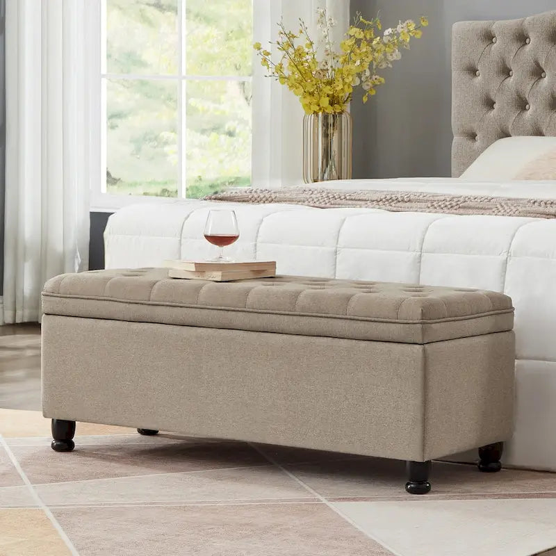 Upholstered tufted button storage bench