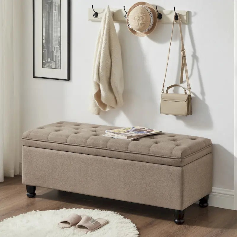 Upholstered tufted button storage bench