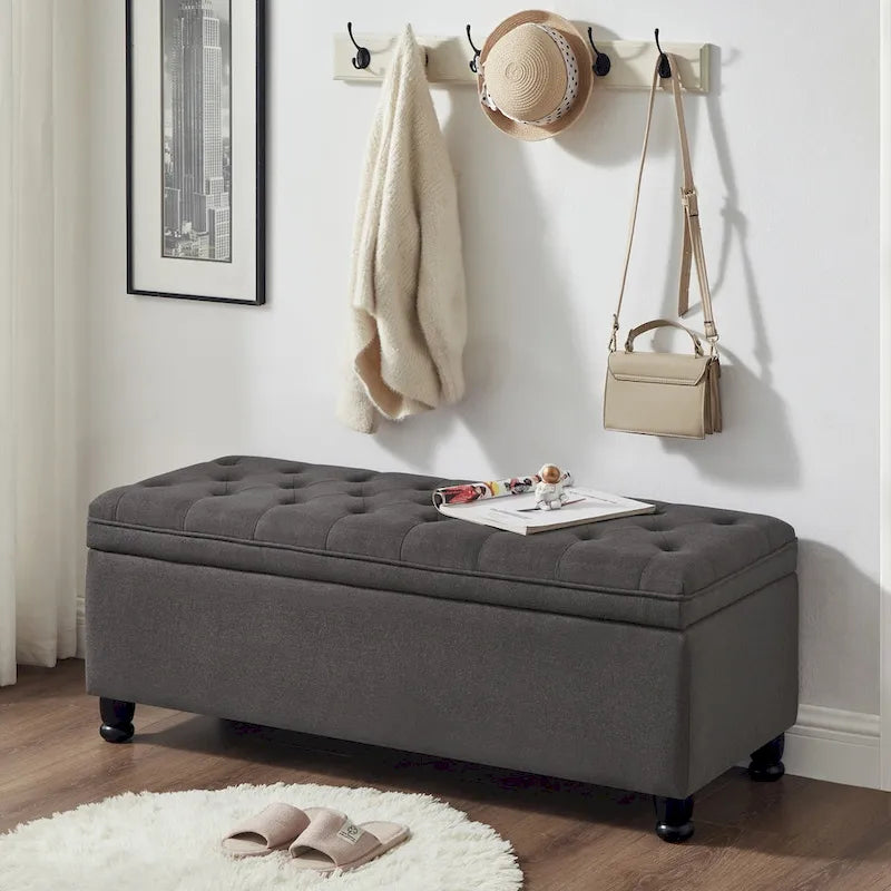 Upholstered tufted button storage bench